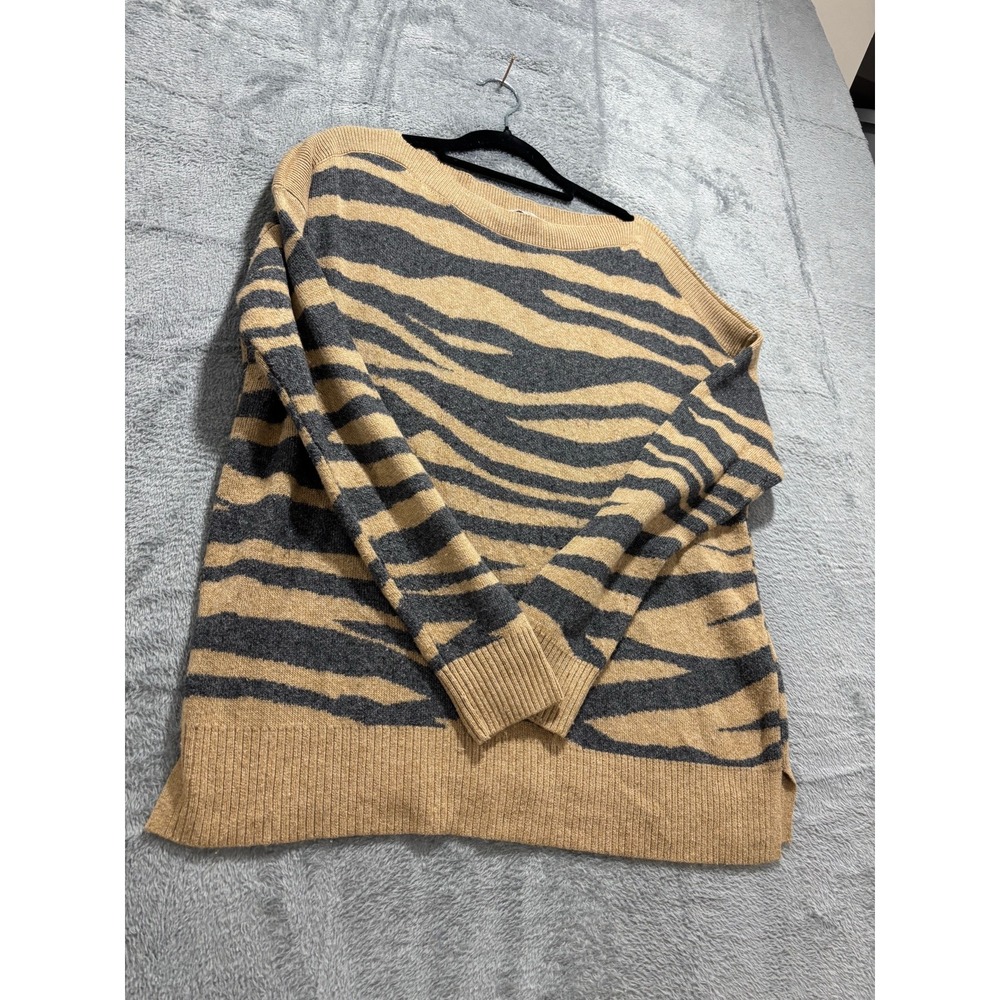 LOFT Womens S Tan Gray Tiger Stripe Boatneck Sweater Casual Cozy Animal Print - Picture 4 of 11